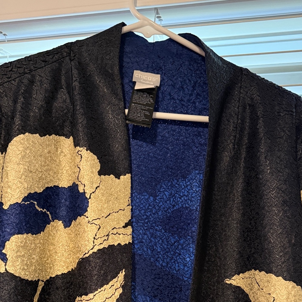 Chico's Black and Gold Floral-Accent Open Jacket with Blue Lining